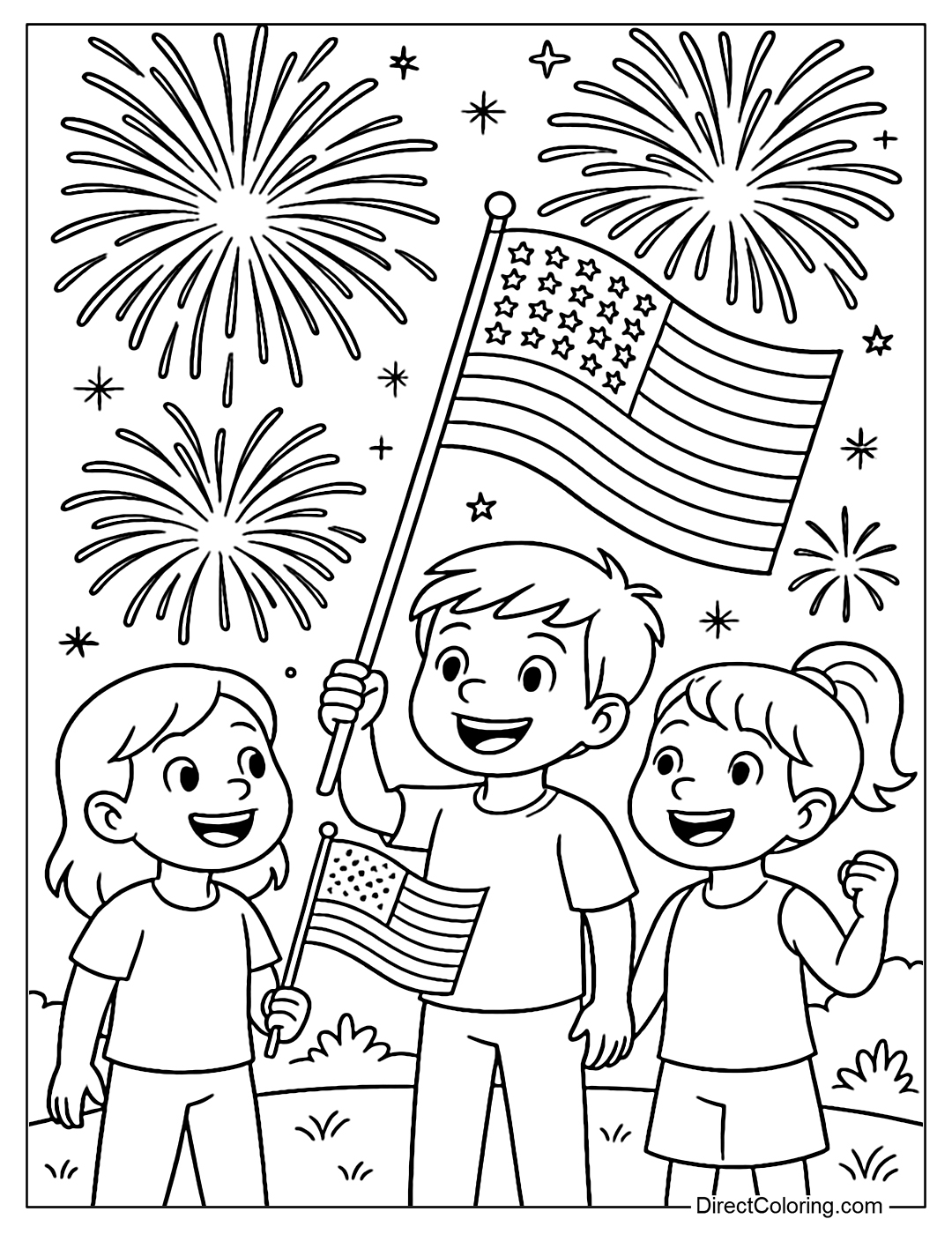 Coloring Page of kids holding flags watching fireworks to celebrate the Fourth of July.